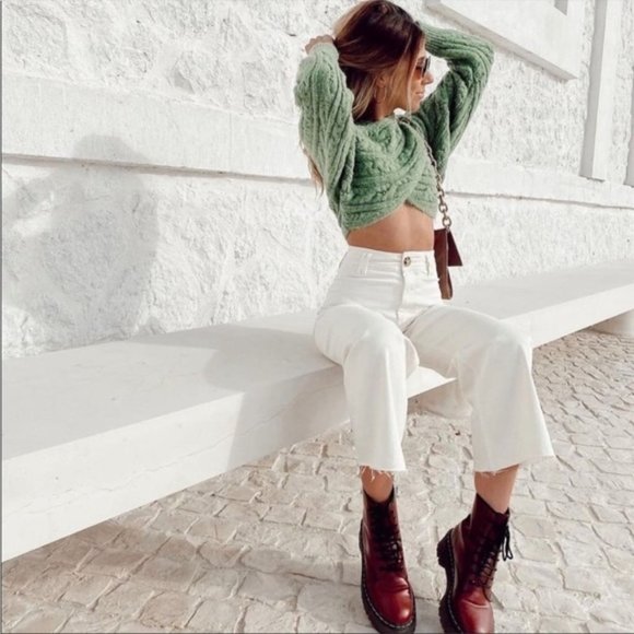 Zara Cable Knit Cropped Scarf Sweater In Green - Picture 4 of 16